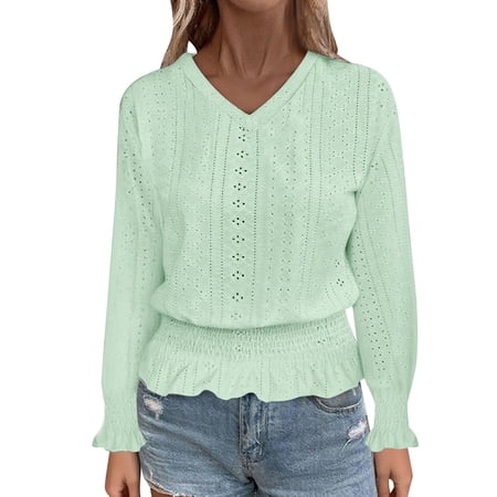 Womens Long Sleeve Eyelet Tunic Tops 2026 Fashion V Neck Smocked Waist Crop Tops Ruffle Hem Dressy Casual Loose Blouse