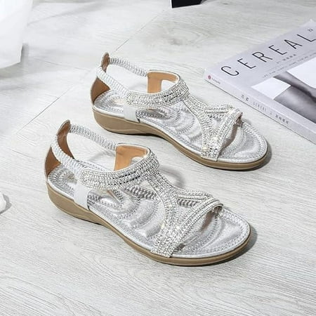 

ZBCHLS Sandals for Women Flats Shoes with Bohemian Rhinestone Comfortable Womens Beach Sandal Elastic Ankle Strap Slip On Summer Sandal
