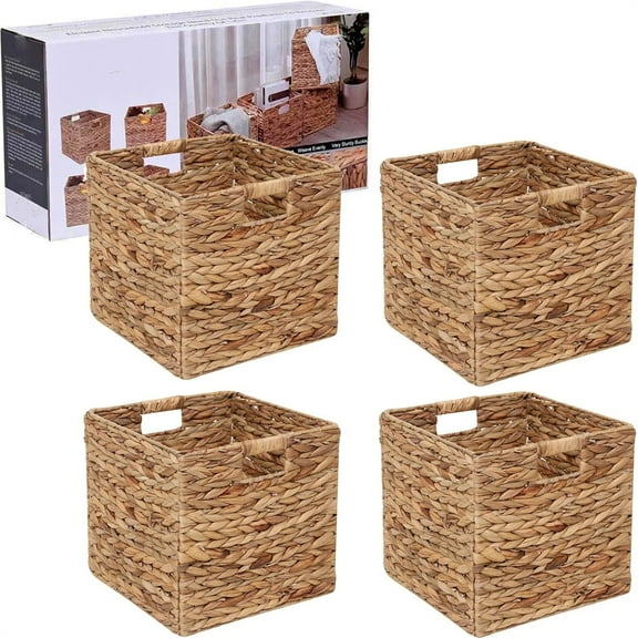 12x12in Storage Baskets Set of 4 Water Hyacinth Baskets,Foldable Handwoven Storage Cubes,Wicker Cube Baskets Laundry Organizer Totes for Home