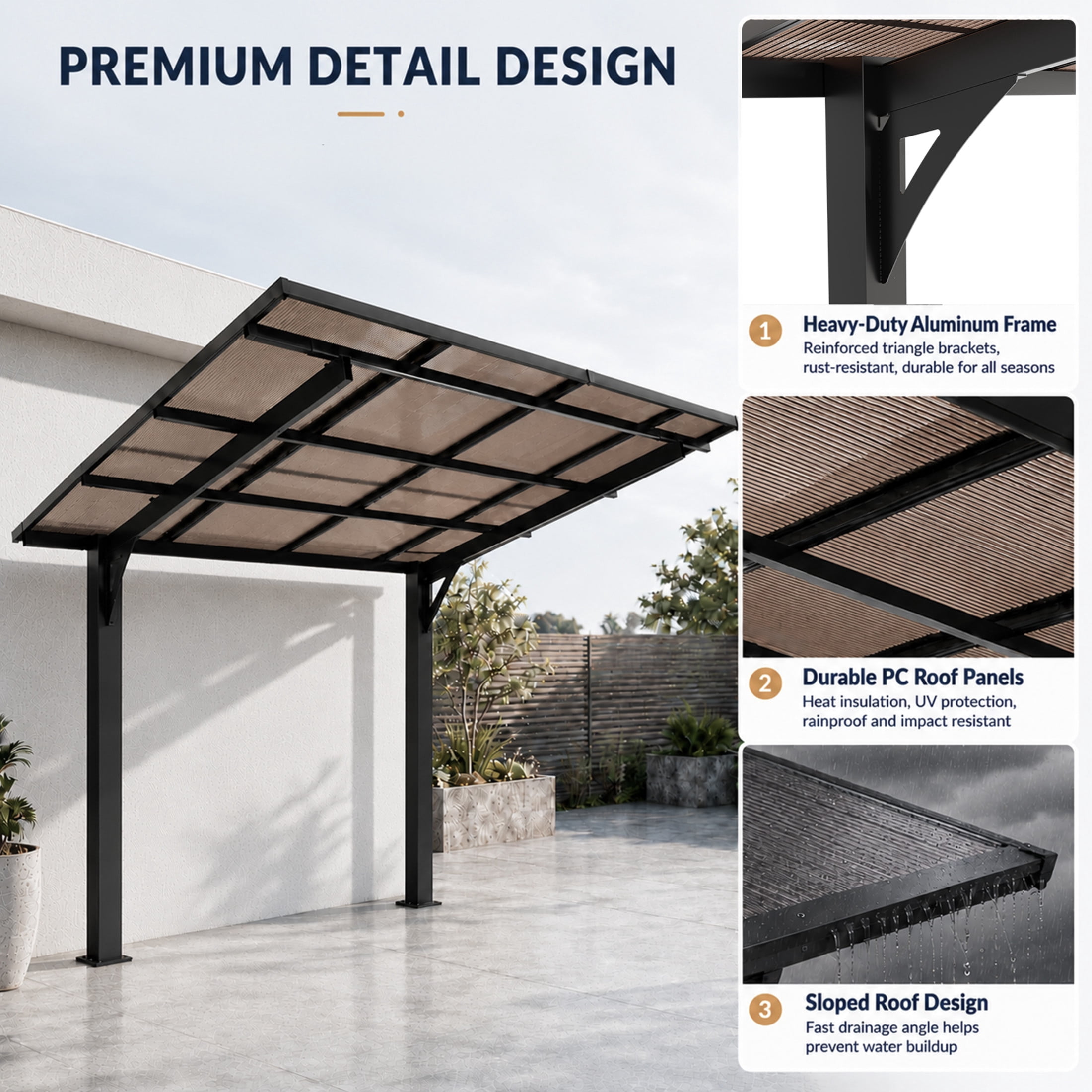 Noble House 8x8 FT Galvanized Steel Carport Awning, Sloped PC Roof Outdoor Utility Shelter & Grill Canopy, Black