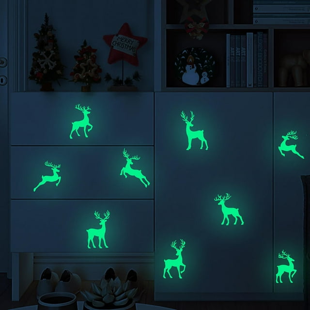 Fluorescent Wall Stickers for Christmas Deer Glow-in-Dark Party Decor, PVC Material for Smooth Surfaces, Festive Night Light