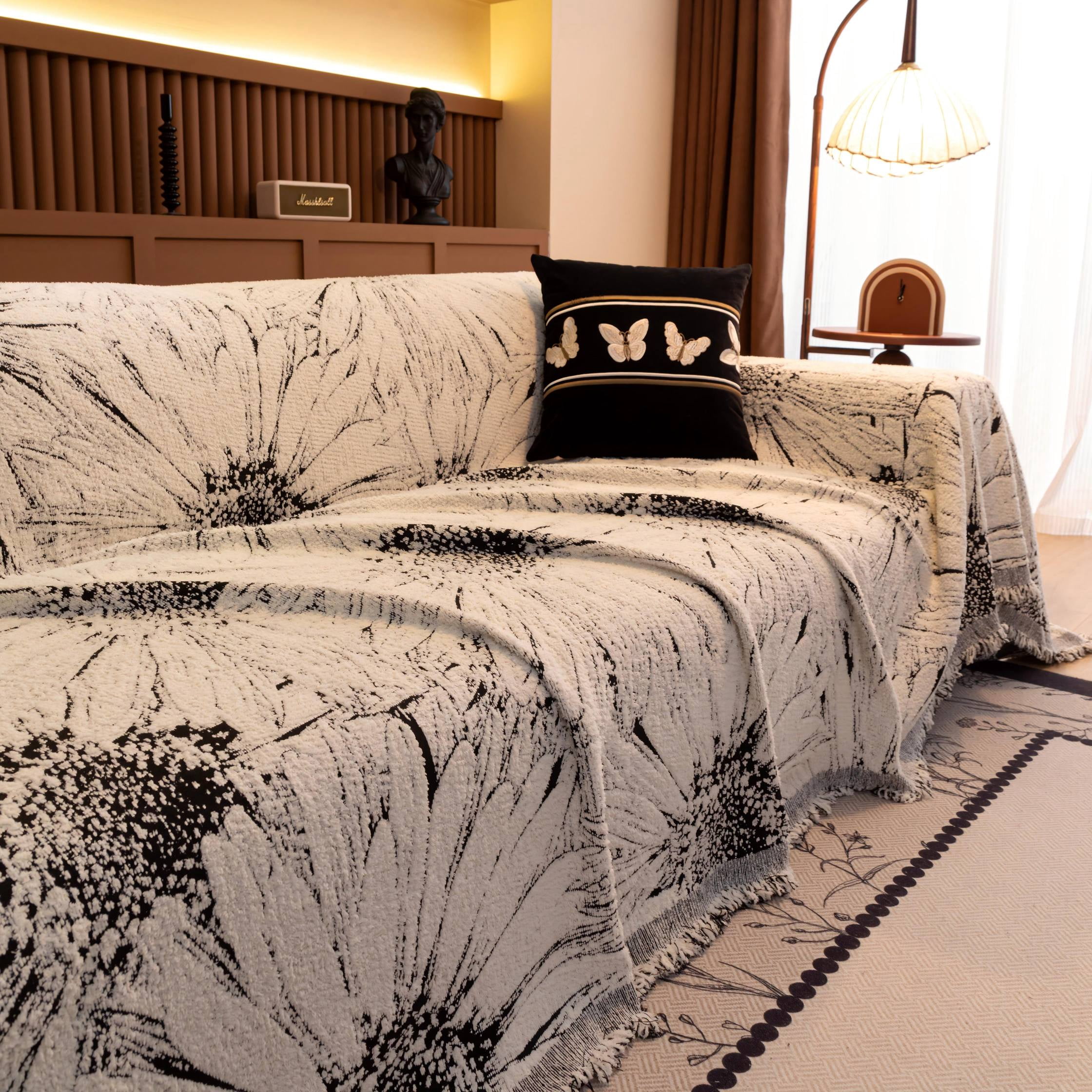 NAYOROOM Artistic Black White Sunflower Couch Cover, Chenille Sofa Cover Slipcover Sofa Towel Furniture Cover（71"x 134"）