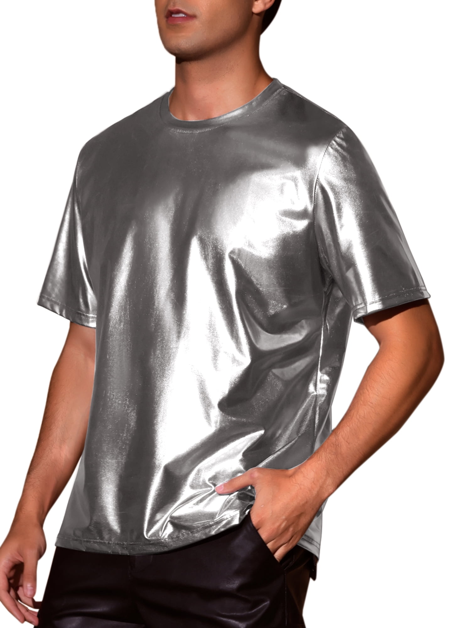 INSPIRE CHIC Holographic T-Shirts for Men's Crew Neck Short Sleeved Party Disco Shiny t Shirt XL Gray