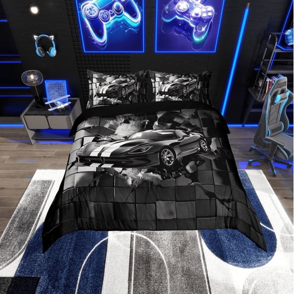 Erosebridal Black Sport Car Comforter Cover Twin,Geometric Plaid Bedding Twin Size,Extreme Sports Duvet Cover Twin,Microfiber Buffalo Room Decor,Reversible,3pcs(No Comforter)