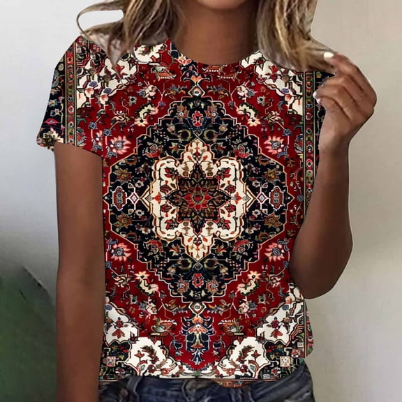 Giftesty Blouses for Women Dressy Casual Women's Round Neck Short Sleeved Retro Pattern Printing T-shirt Top Short Sleeved Round Neck Top/shirt