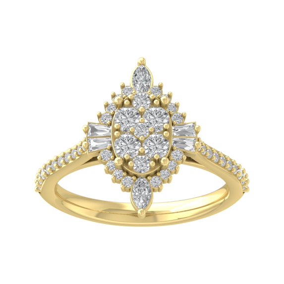 Araiya 10K Yellow Gold Round Baguette and Marquise Diamond Halo Ring (1 cttw, I-J Color, I2-I3 Clarity), Size 8.5