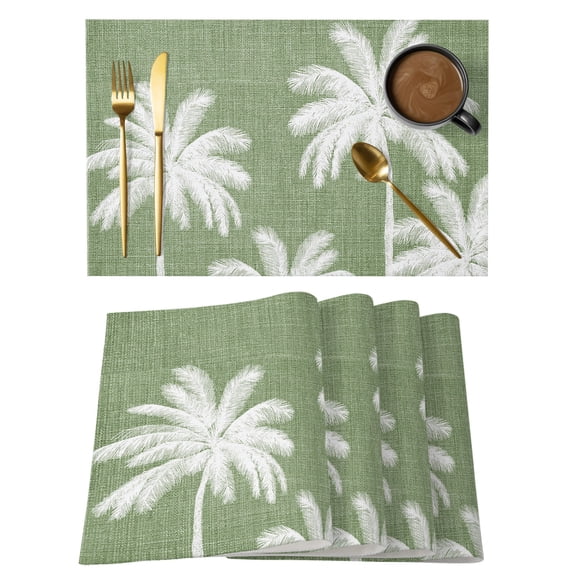 Dark Sage Green Palm Trees Placemats Set of 2 Tropical Summer Beach Place Mats Indoor Wipeable Table Mats Washable Cloth Dining Table Placemats for Kitchen Holiday Party Home Decor 13x19 Inch