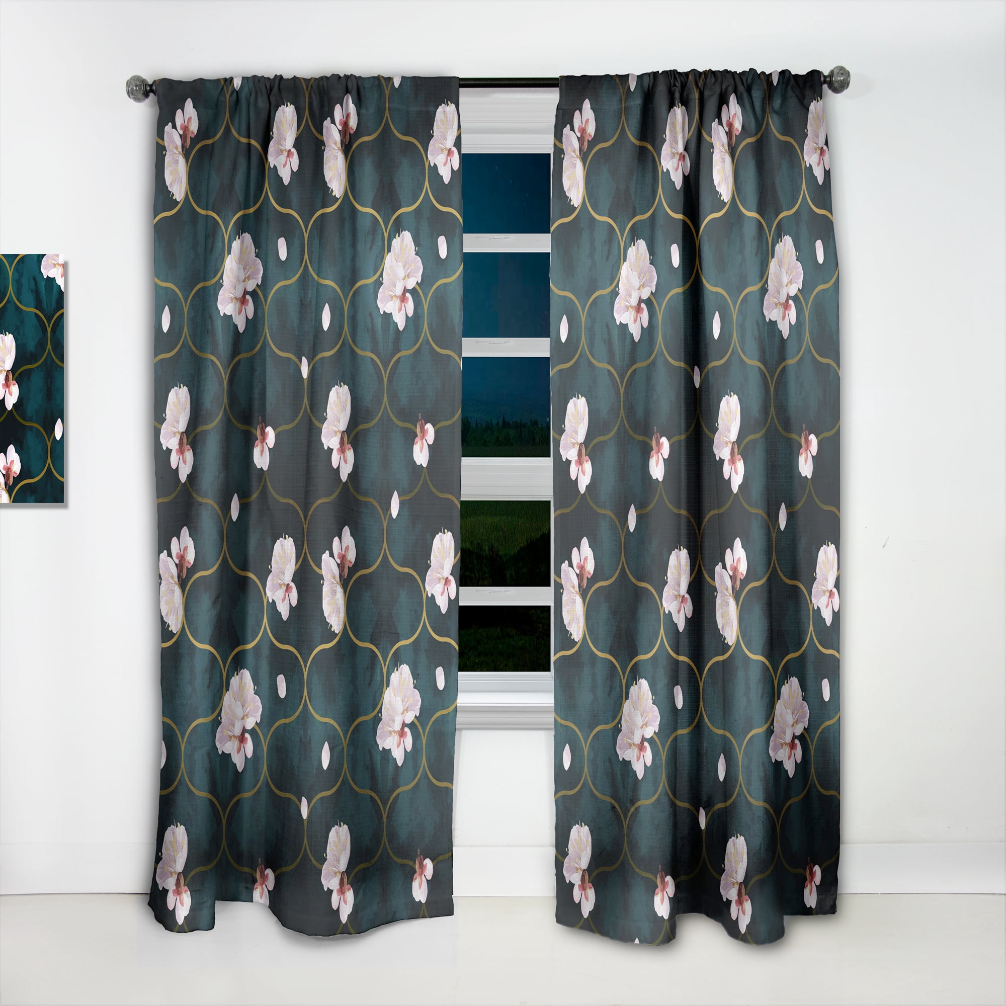 Designart 'Pink Flower Retro Pattern II' Mid-Century Modern Curtain Panel