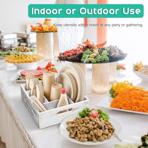 Rustic White Plate and Utensil Caddy, 6-Compartment Paper Plate and Cutlery Holder with Handles, Kitchen and Party Organizer for BBQs, Picnics, and Gatherings