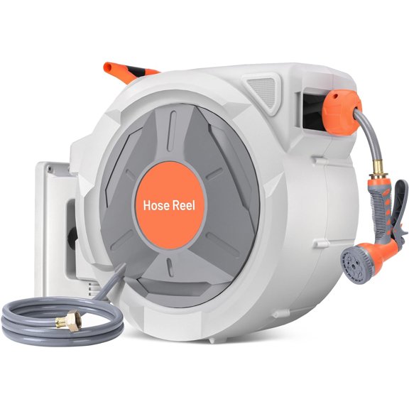 M optimized Retractable Garden Hose Reel 1/2" 100ft Automatic Hose Reel with 9 Function Sprayer Nozzle Wall Mount 180 Deg Swivel Bracket Hose Reel with Any Length Lock Slow Return System