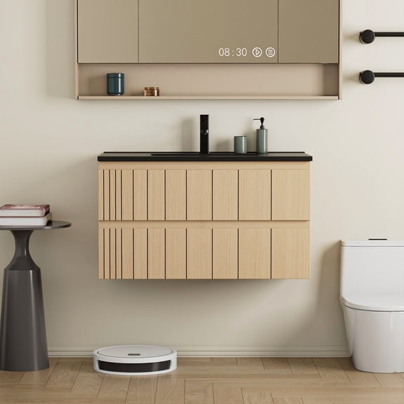 Eclife 36 Inch Wall Mount Bathroom Vanity with Integrated Sink,Soft-Glide Drawers, Space-Saving Floating Style