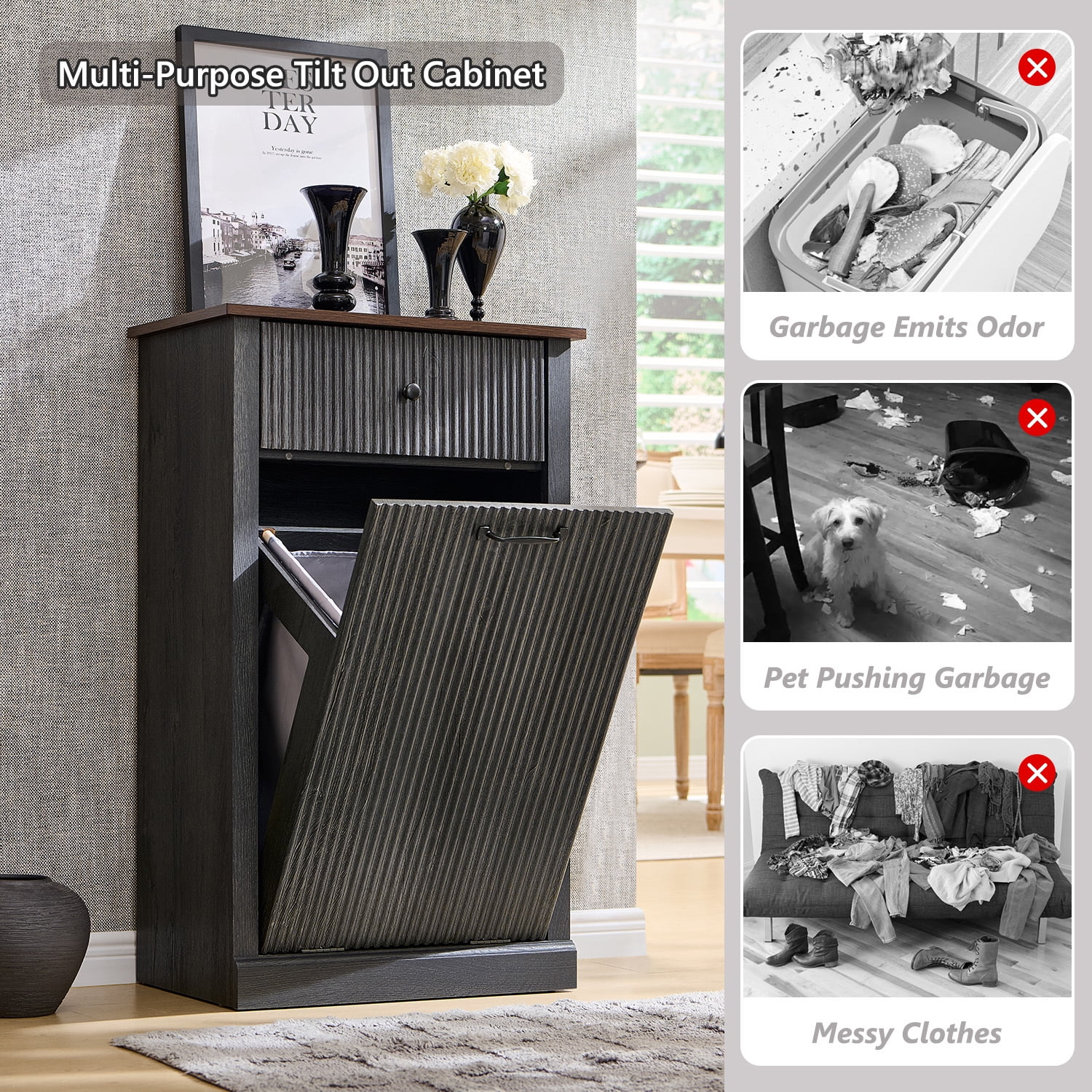 IFGET Fluted Tilt-Out Trash Can Cabinet, 10 Gallon Wood Hidden Garbage Can Cabinets with Storage Drawers, Laundry Hamper Cabinet for Bathroom, Kitchen