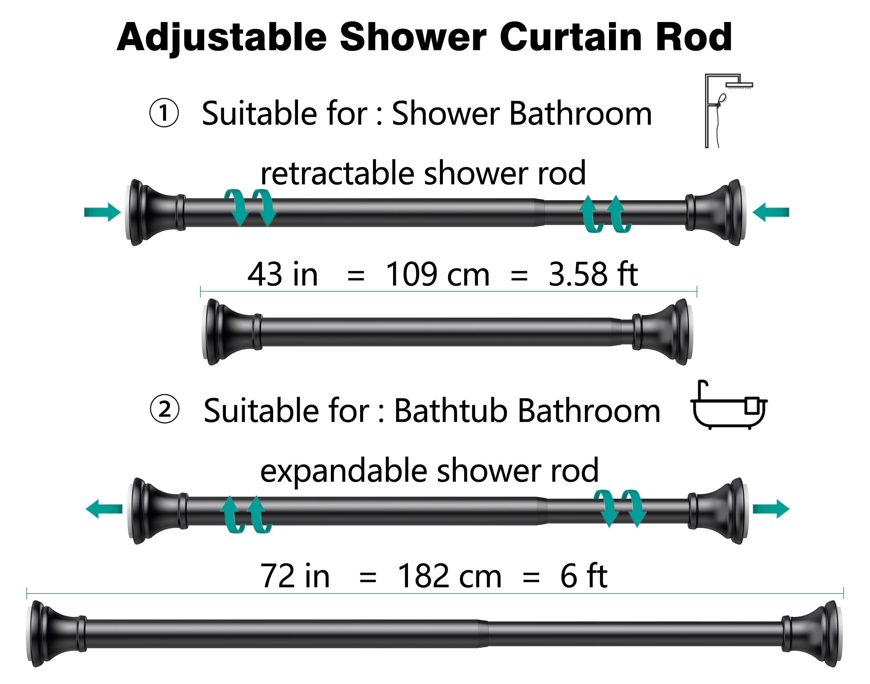 BloomFlower Black Shower Rod with 12 Hooks, 43-72 Inches, Rust Resistance, Adjustable Tension Rod with Durable Spring