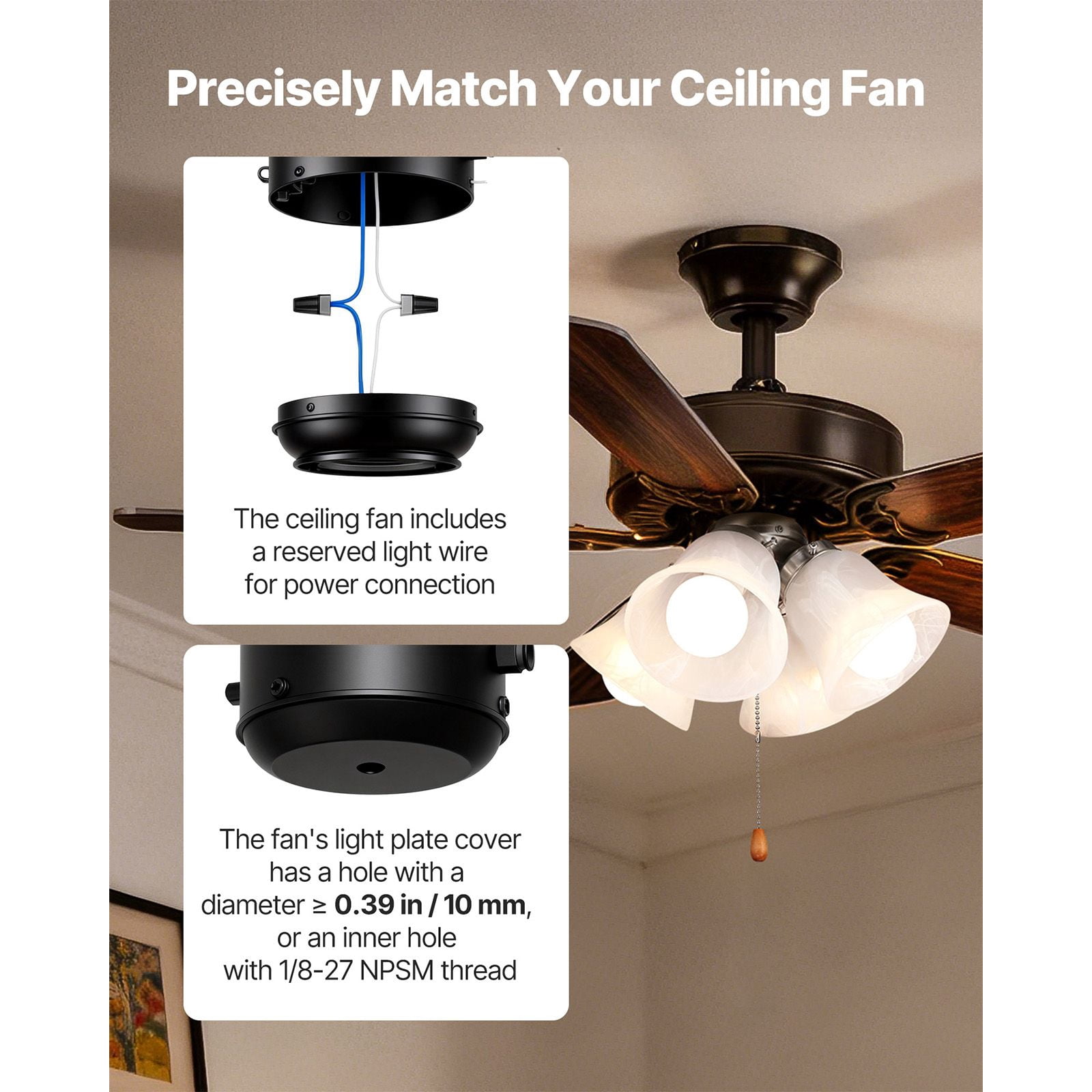 Ceiling Fan Light Kit, 10.28 x 6.89 Inches, 4 x 3000K 750-Lumen Bulbs, Alabaster Glass Shade, Pull-Chain Switch, for Living Room, Dining Room & Bedroom