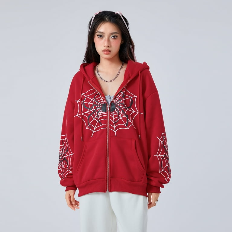 Women Y2K Spider Web Hoodies Vintage Graphic Long Sleeve Zip Women Y2K Spider Web Hoodies Vintage Graphic Long Sleeve Zip