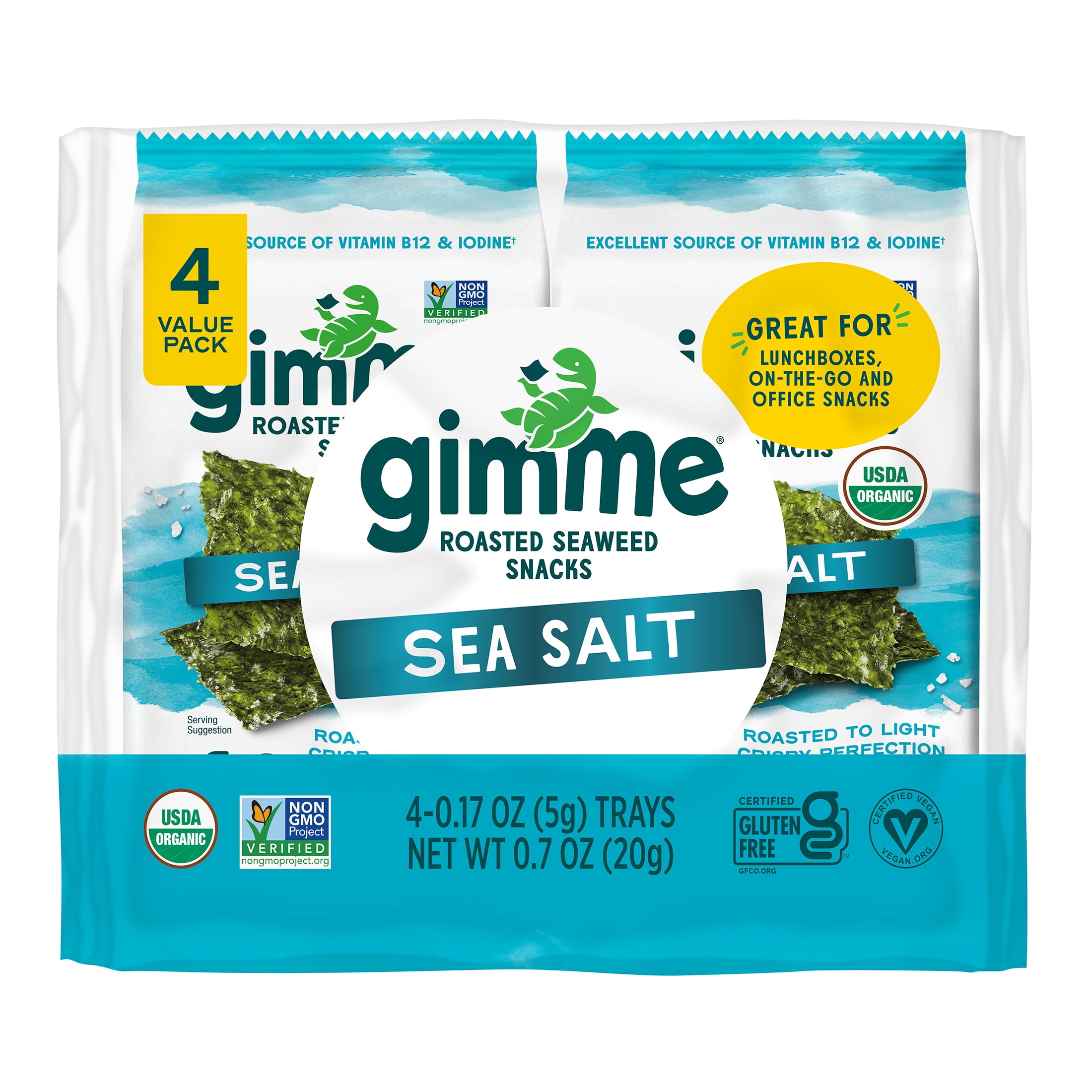 (2 pack) Gimme Organic Roasted Seaweed Snacks with Sea Salt, 4 Pack, 5g, Crispy Texture, Eco-Friendly Packaging