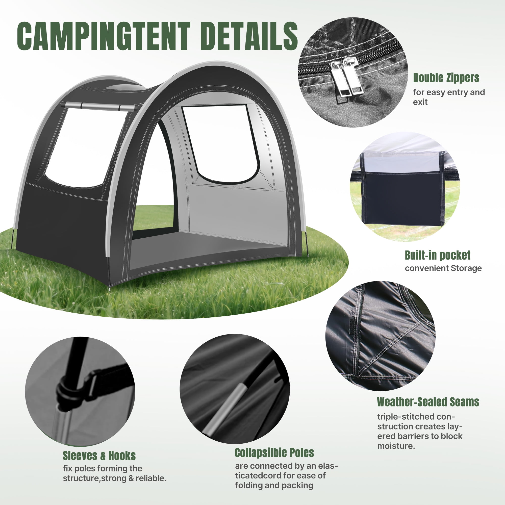 Tunnel-style camping tent, 3-4 person extra spacious, mesh breathable / PVC waterproof / Oxford fabric wear-resistant material, top skylight design, portable lightweight and easy to install