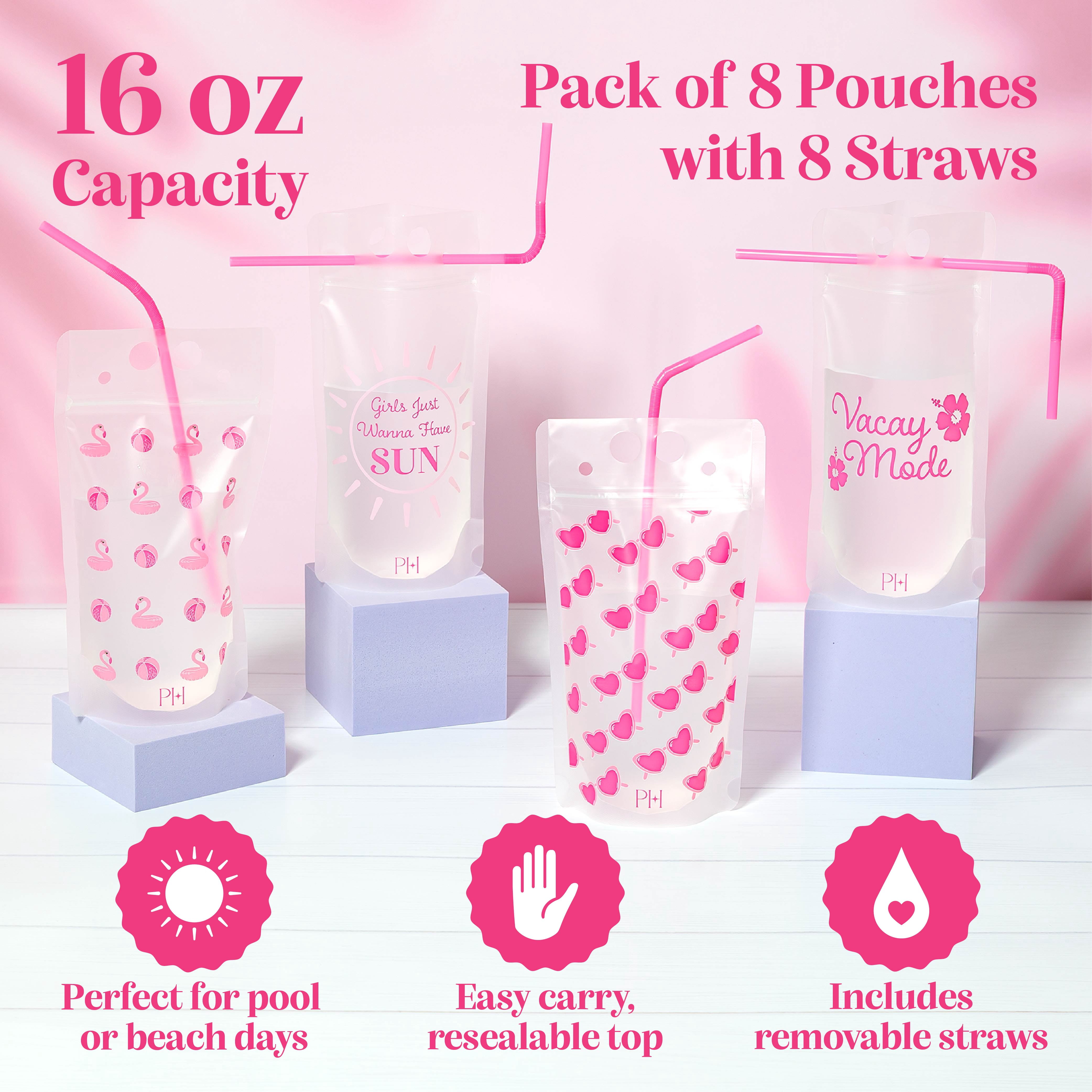 Paris Hilton 16-Ounce Reusable Drink Pouch Set with Straws, Vacay Mode, 8 Pack