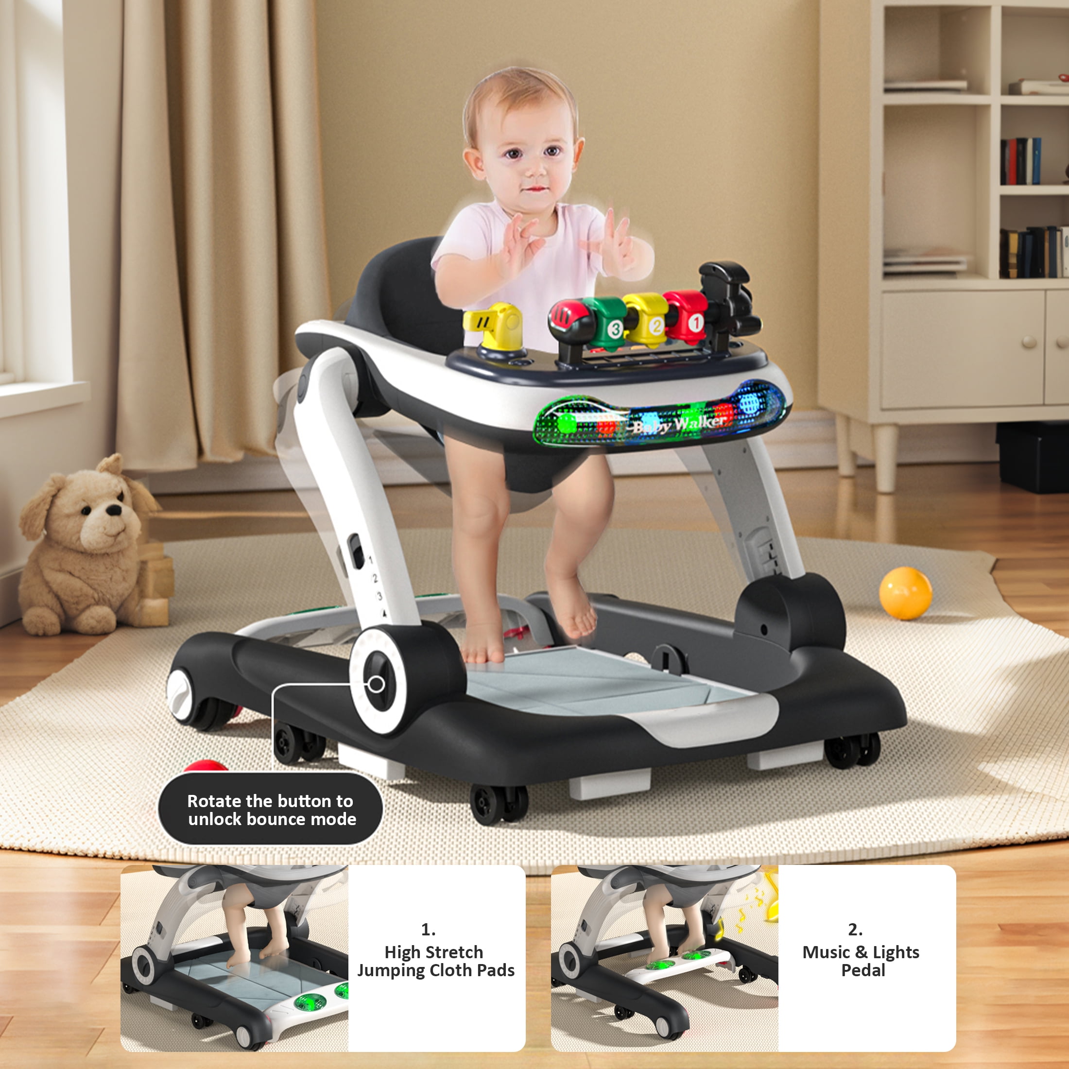 Loewten Baby Walker, 3 in 1 Music and Lights Toddler Jumper, Music Bouncer Walkers for Boys Girls Babies 6-18 Months, Black