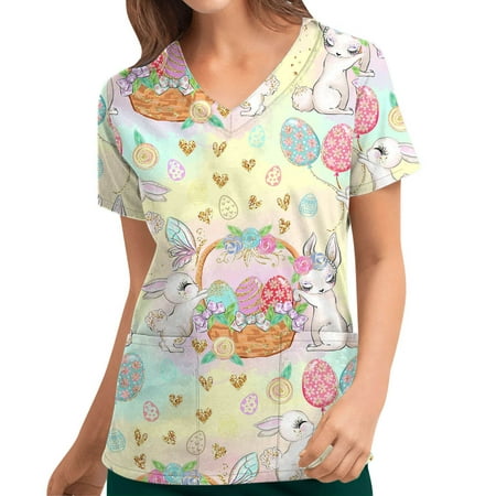 

Hesxuno Thanksgiving Scrubs Womens Tops Women s Fashion Easter Rabbit Print V-neck Short Sleeve Pocket Workwear Top Nurse Shirts Easter Scrubs