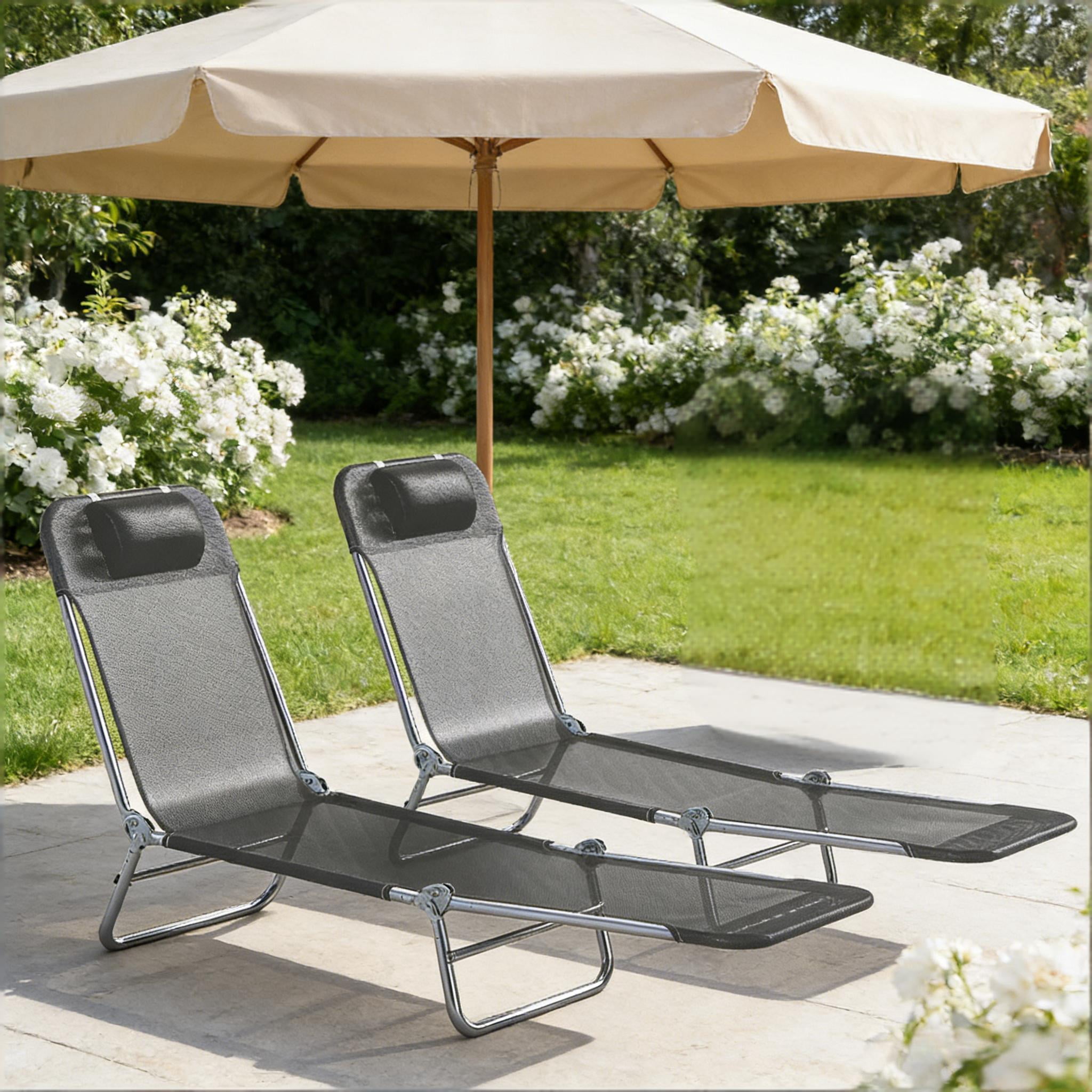 Handy Folding Chaise Lounge Chairs 2 Piece Set 5 Position Adjustable Backrest Breathable Mesh Fabric Head Pillow Portable Outdoor Pool Beach Sun Loungers