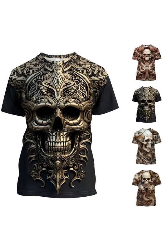 T Shirts for Man Skull Armor 3D Printed Novelty Fashion Trendy Printed Crew Neck Short Sleeve Loose Street Men's T-Shirts Black L