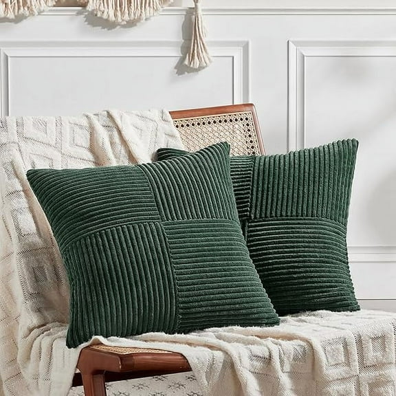 Set of 2 Dark Green Decorative Throw Pillow Covers 20x20 Inch for Living Room Couch Bed, Boho Farmhouse Forest Green Home Decor, Soft Corss Corduroy Patchwork Textured Cushion Case