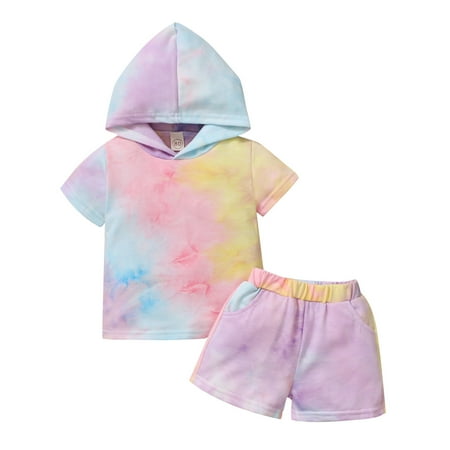 

Fesfesfes Toddler Baby Boys Girls Short Sleeve Rainbow Tie-Dyed Hoodie Tops Shorts Outfits