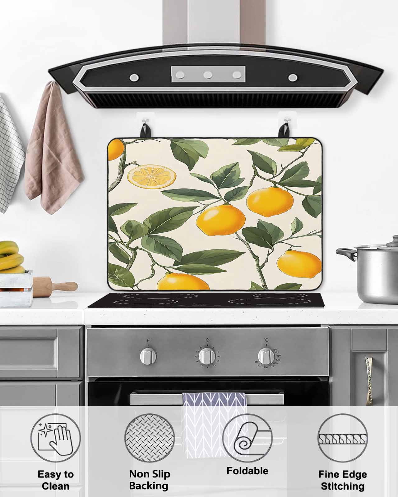 nqOlkjepod Large Induction Cooktop Protector Mat 36"x21", Lemon Leaves Stove Top Covers for Electric Stove, Summer Fruit Country Nature Watercolor Stove Burner Cover Mats, Glass Top Stove Cover