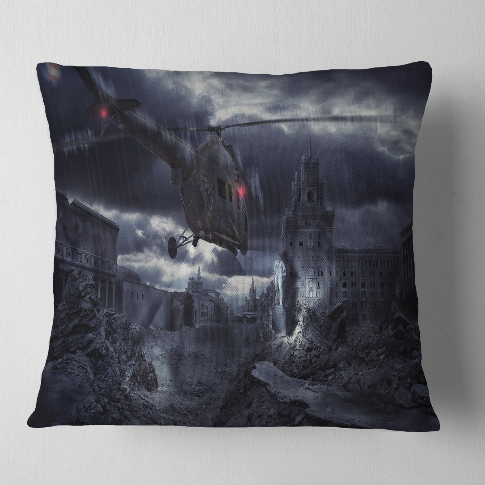 Designart Helicopter over Storm Ruined City - Photography Throw Pillow - 16x16