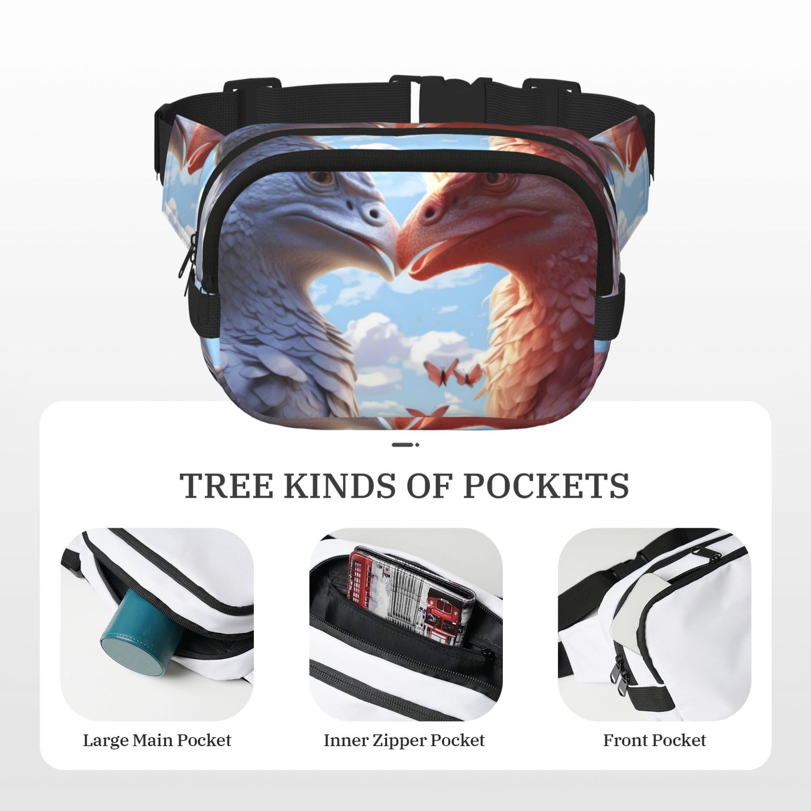 Kdxio Red And White Bird Couple Crossbody Double Layer Waist Bag Belt Bag for Unisex Fanny Pack Fashion Waist Packs for Hiking Running Shopping Traveling