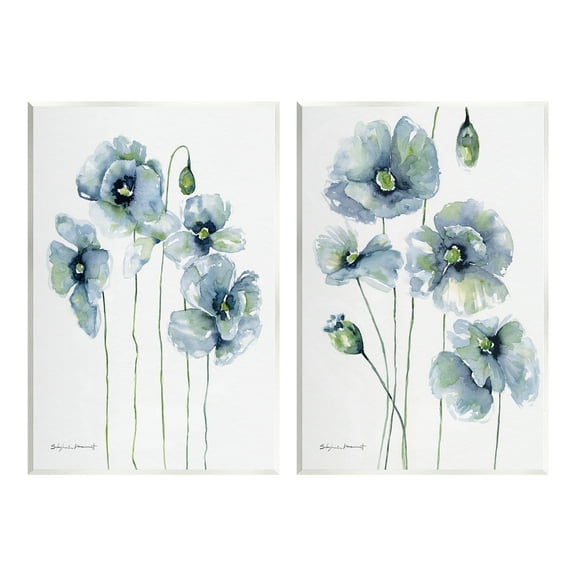 Stupell Blue Poppies Blooming Garden Flowers Botanical & Floral Painting Wall Plaque Unframed Art Print Wall Art, Set of 2