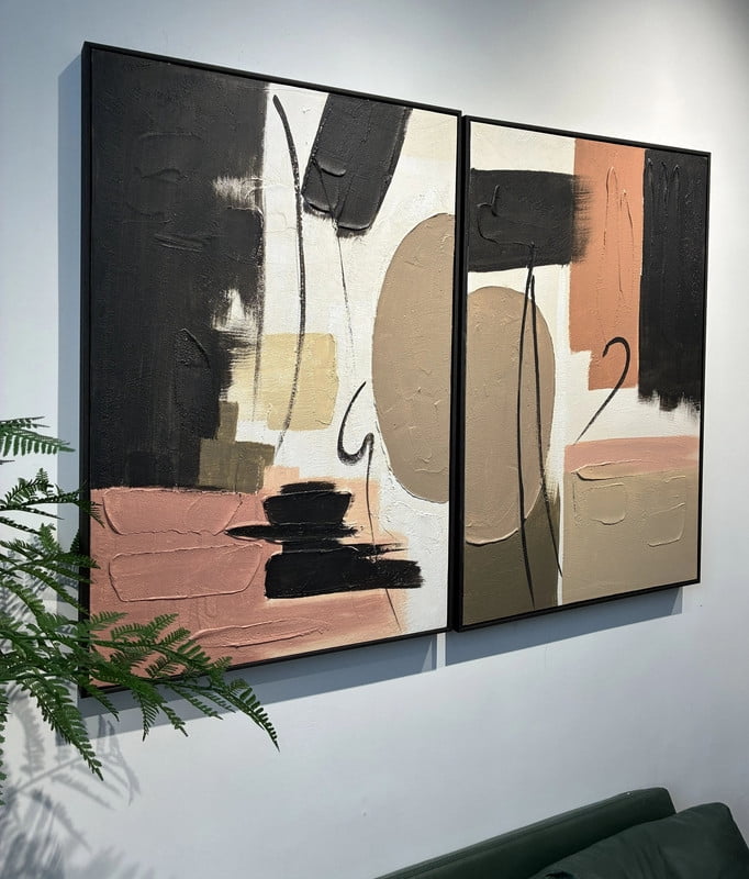 Euroco Framed Abstract Wall Art Set of 2, 25x37 in Modern Grace Textured Canvas Painting,Neutral Black Beige & Terracotta Abstract Artwork for Living Room Bedroom