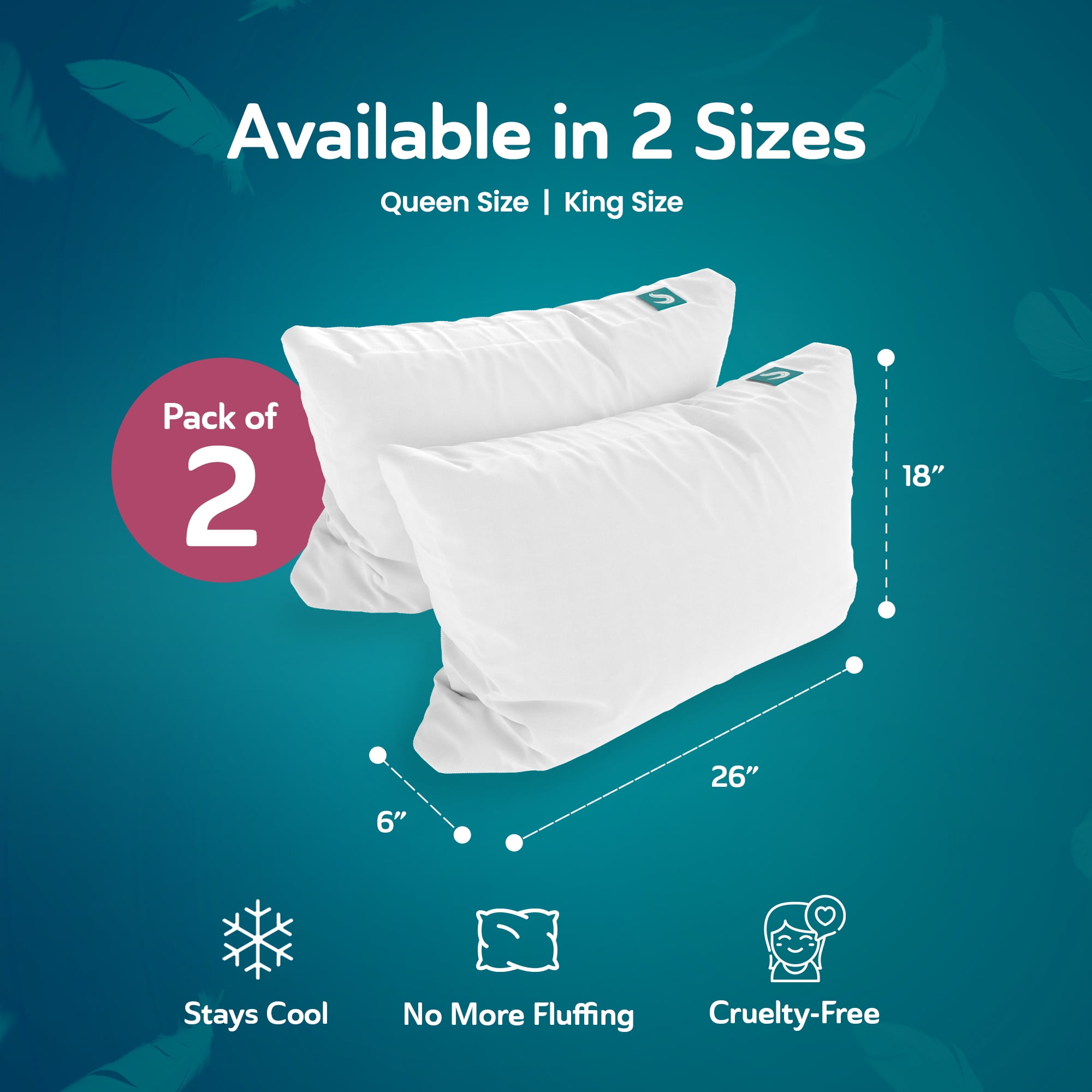 Sleepgram Bed Support Sleeping Pillow w/ Cover, Queen Size, White (2 Pack)