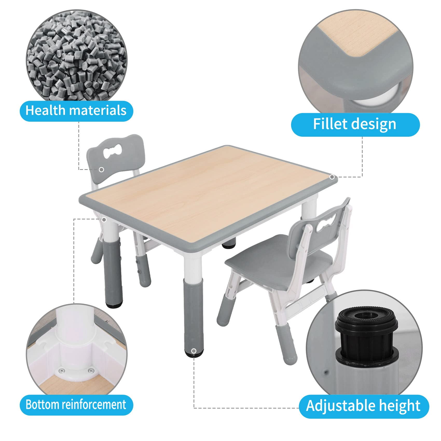 UNICOO® Kids Table and 2 Chairs Set, Height Adjustable Toddler Table and Chair Set, Easy to Wipe Arts & Crafts Table, Suitable for Ages 2-8, Childrens Table and Chair Set (BY-60-MGY)