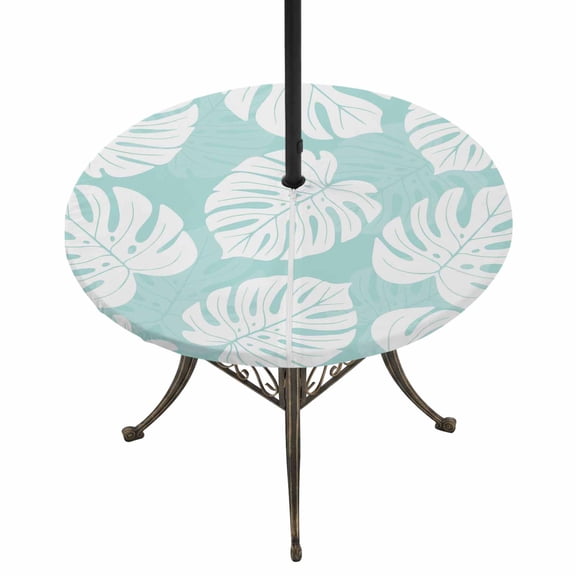 Round Outdoor Tablecloth with Umbrella Hole and Zipper, Summer Tropical Tablecloth with Elastic Waterproof, Monstera Leaves Botanical Mint Green Patio Table Covers for 31" - 35" Picnic Pool Tables
