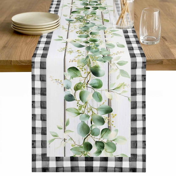 Green Eucalyptus Leaves Table Runner - 48 Inch Long Vintage Art Farmhouse Wooden Cotton and Linen Blended Dress Scarves Farmhouse Table Runner for Kitchen Dining, Coffee Table, 13" x 48"