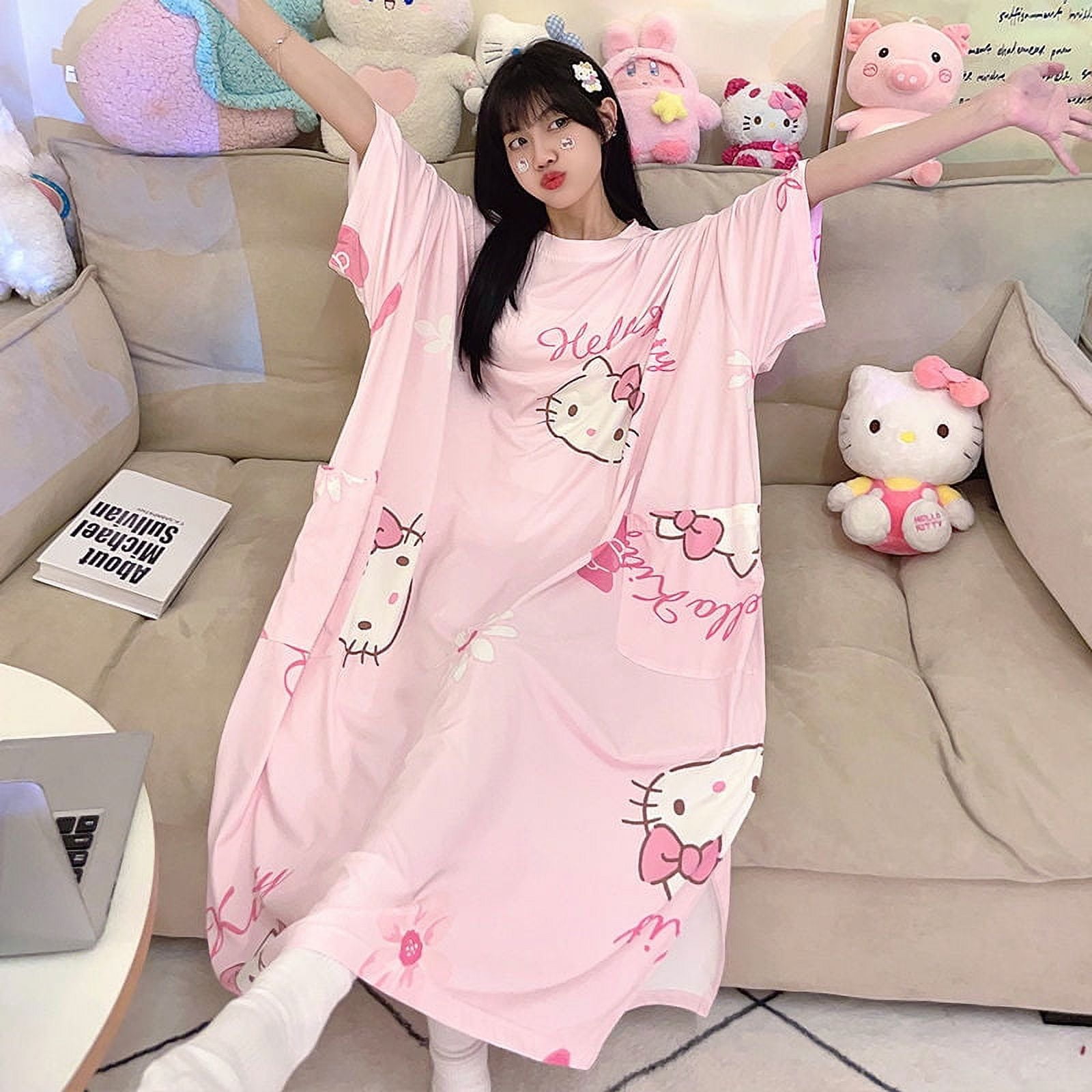 Sanrio Hello Kitty Pink Oversized Pajama Dress Women Summer Dresses Cartoon Korean Style Cute Loose Long T shirts Y2k Nightgown FJH Walmart
