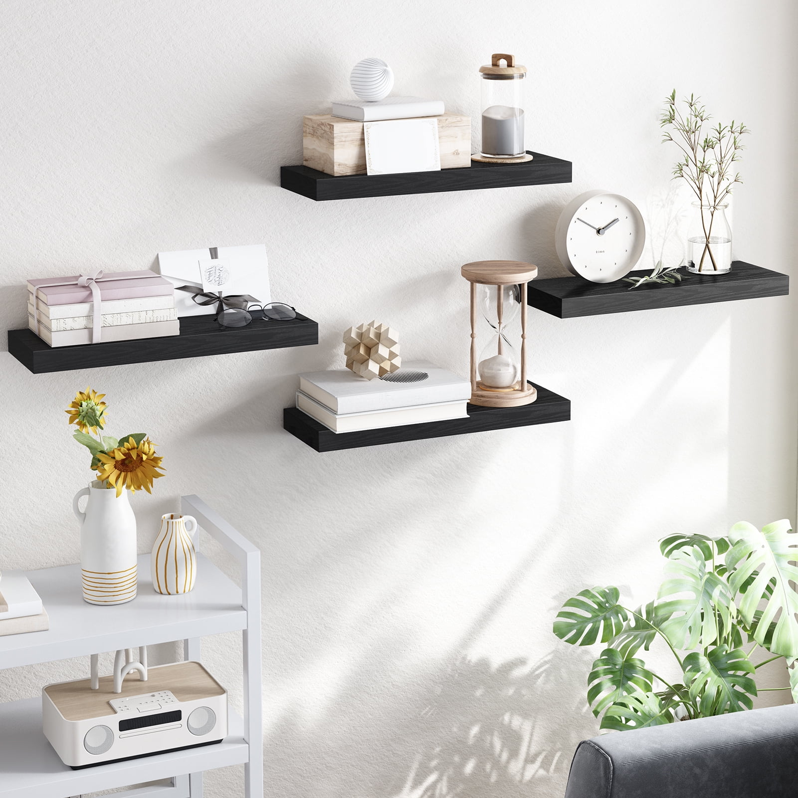 Fairy 15.8in Floating Shelves, Set of 6 Wood Shelves, Farmhouse Shelf Wall Decor, Black