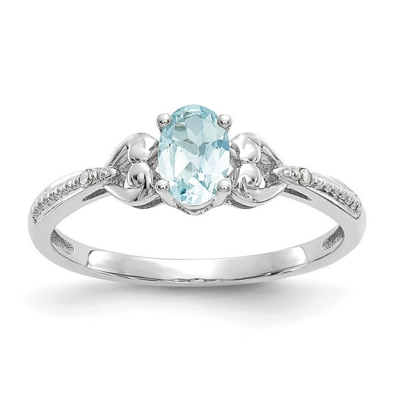 10K White Gold Ring Band with Stones (03) March Aquamarine Oval Blue Diamond Round