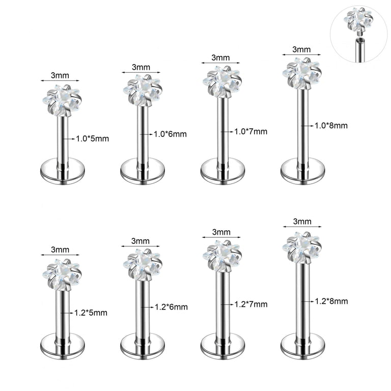 5-Pack 14g CZ Gem Labret Studs - 5mm Ball, Surgical Steel, 3/8" Bar For Lip/Monroe