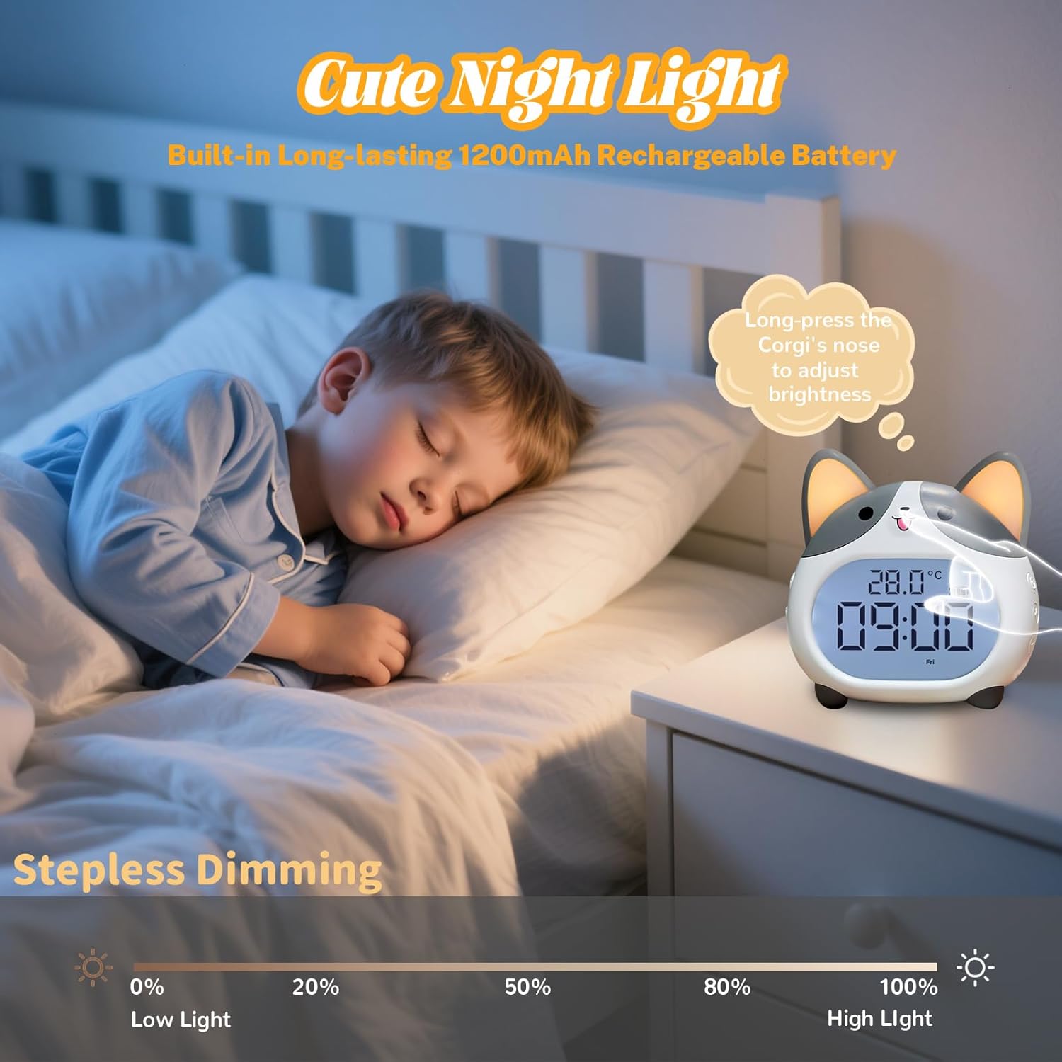 Alarm Clocks for Kids - Cute Dog Clock with Night Light, 6 Alarm Tones, Snooze, Timer, Date and Temperature Display - Rechargeable Battery Operated Digital Clocks for Bedroom Kids Room