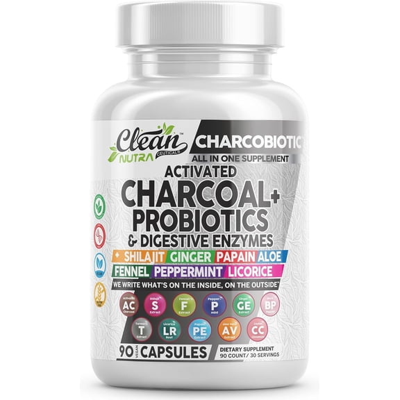 Clean Nutra Activated Charcoal Pills   Shilajit Probiotic Digestive Enzymes for Digestive Health Capsules with Peppermint Fennel Licorice Papain Ginger Turmeric Powder | Gut Health