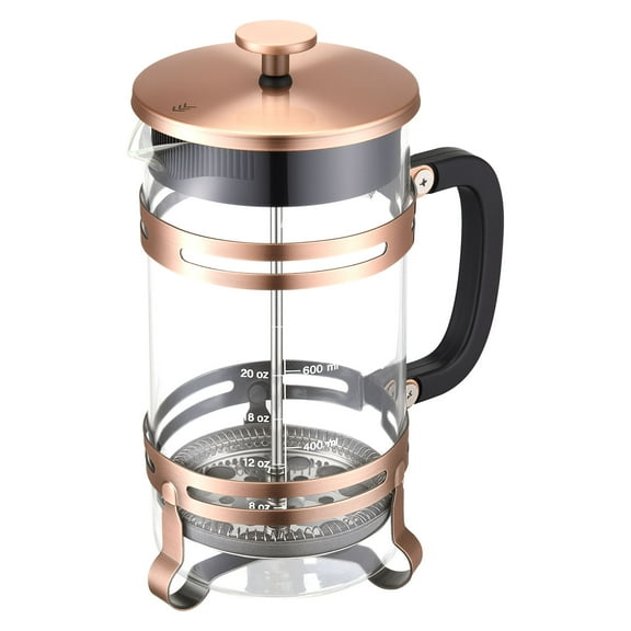 KFFKFF French Press Coffee Maker, 34 oz / 1L Borosilicate Glass Coffee and Tea Brewer with Stainless Steel Filter, Large Glass Press for Cold Brew, Camping, Travel, Home, and Kitchen, Copper Finish