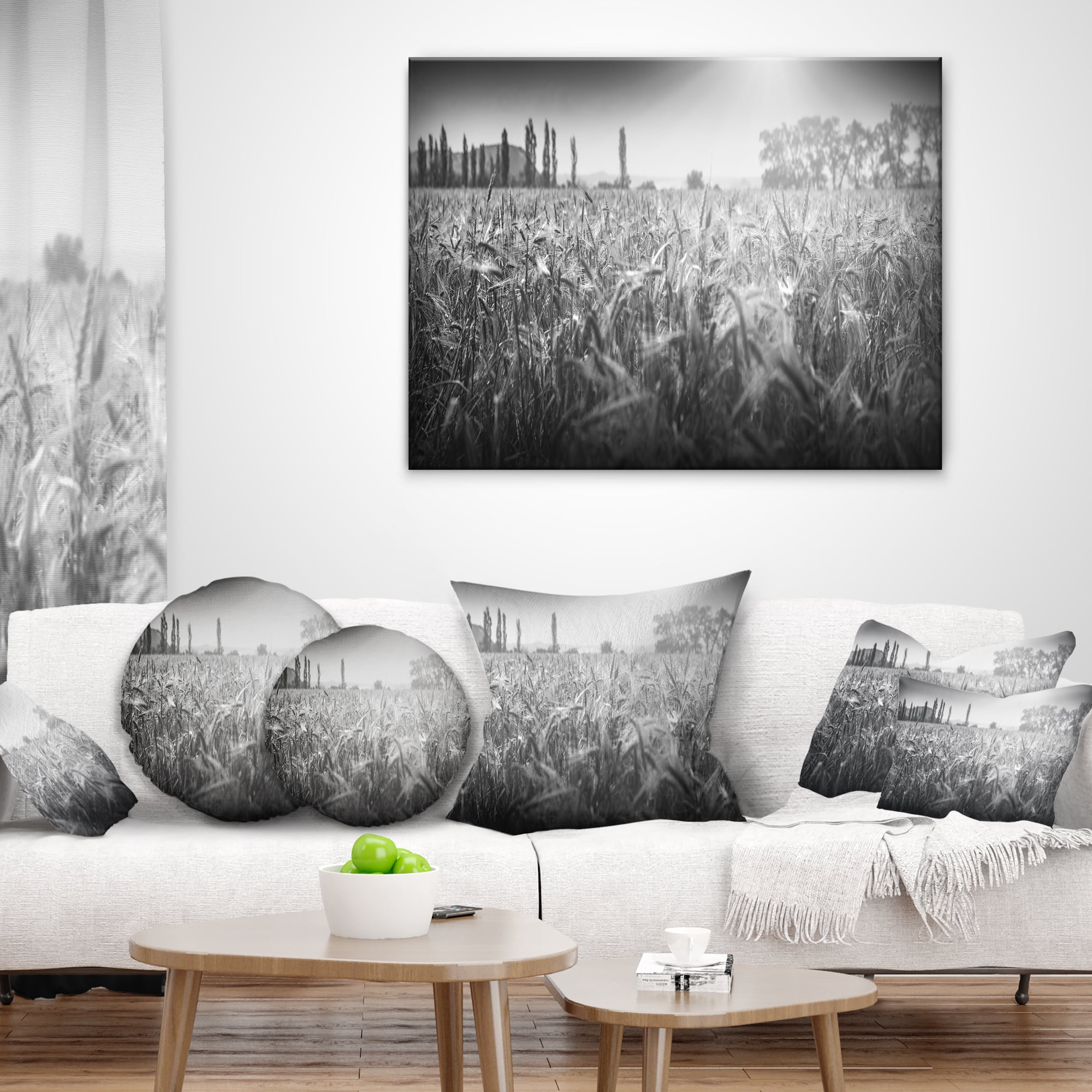 Designart Black and White Wheat Field - Landscape Printed Throw Pillow - 16x16