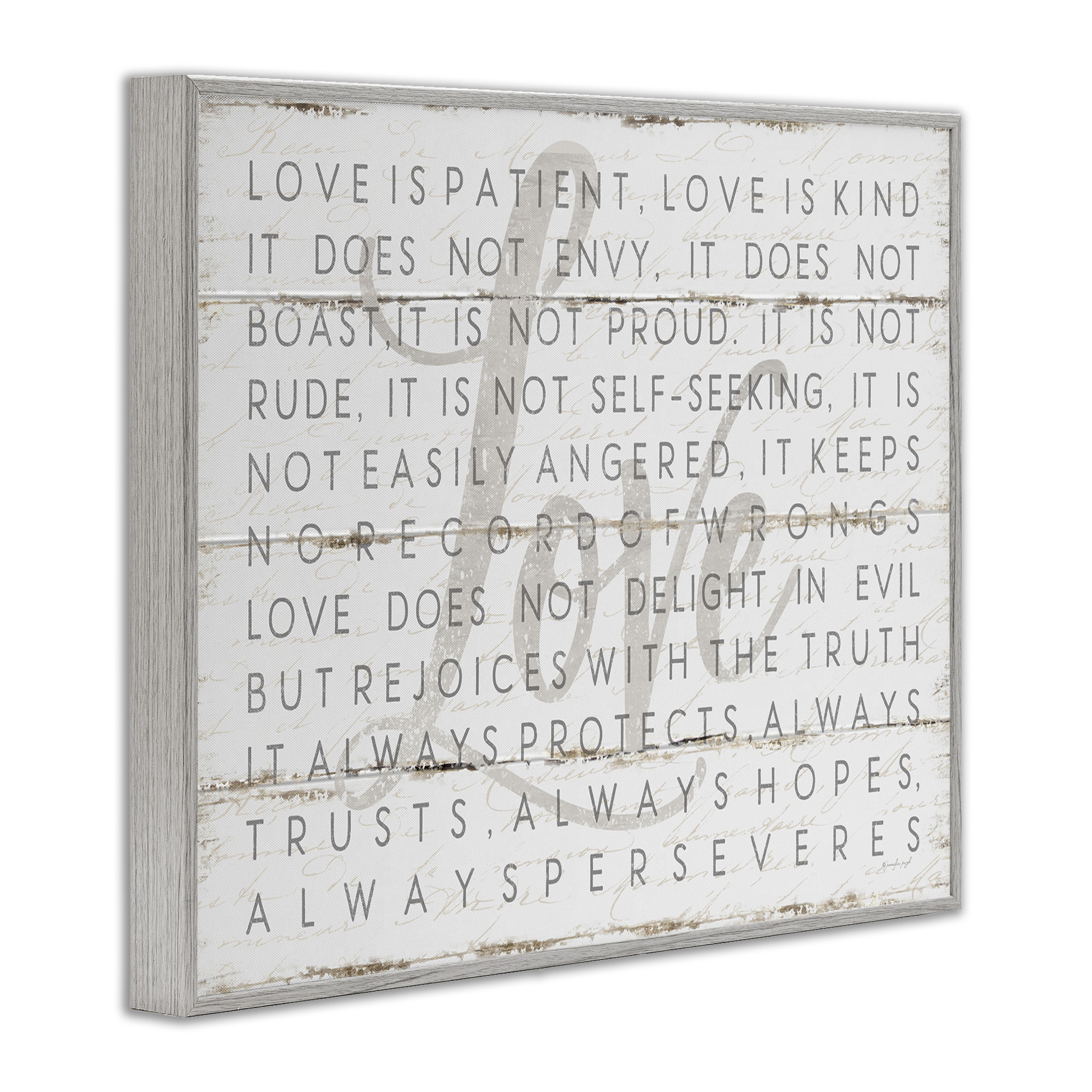 Stupell Industries Love Is Patient Grey on White Planked Look, 24 x 30,Design by Jennifer Pugh
