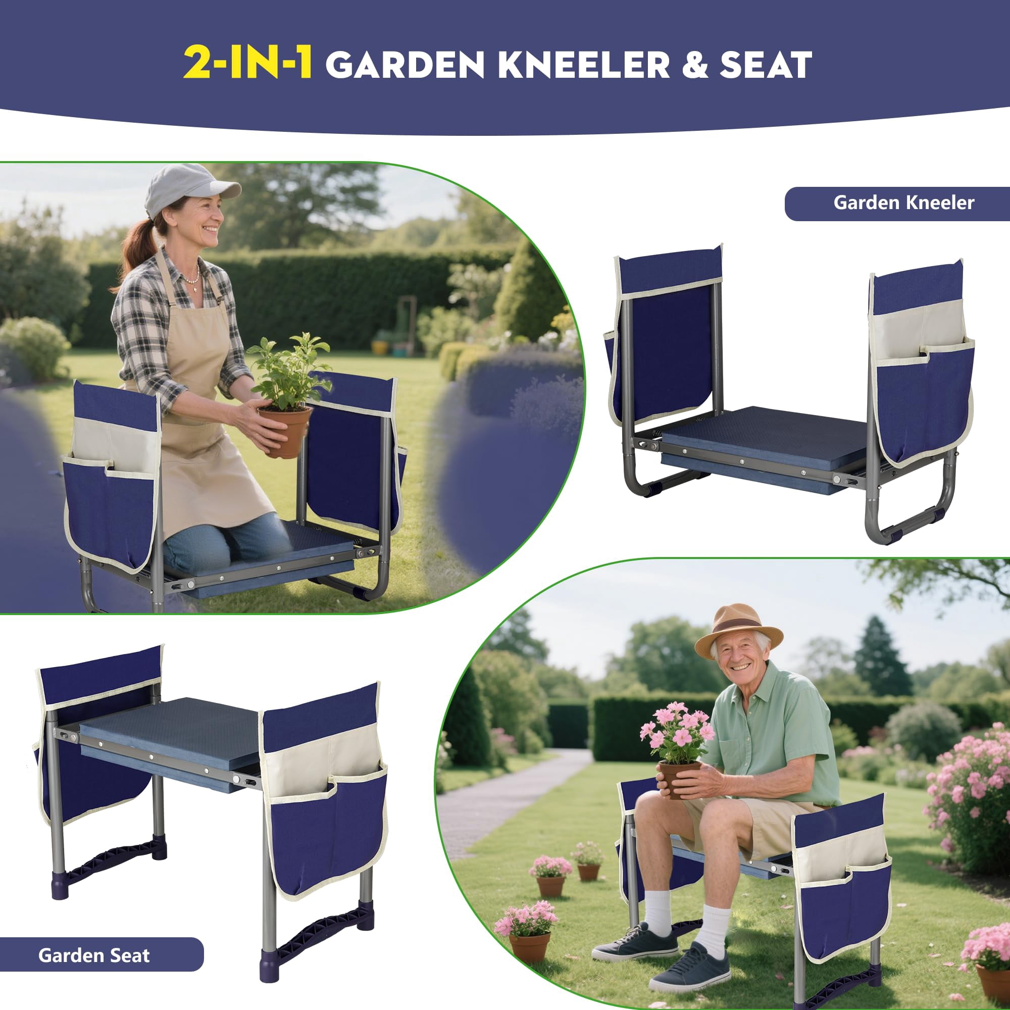Garden Kneeler And Seat Foldable Stool 10.8" Wider Heavy Duty 2-in-1 Kneeling Pad Bench Gardening Gifts For Women Men Seniors Grandparents