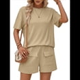 thumbnail image 1 of Conjunto de Dos Piezas de Pantalones Cortos A Juego para Mujer, de Punto, con Bolsillos, Cuello Redondo, Corta y Verano. Caqui S, 1 of 10
