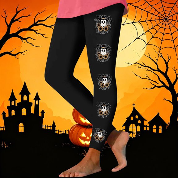Costeam Womens Halloween Ghost Floral Print Leggings High Stretch Workout Yoga Pants Soft Casual Full Length Trousers Elastic Waist Slim Fit Athletic Daily Wear Base Long Pants