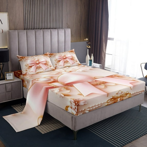 Erosebridal Cute Bow Twin Sheet Sets, Royal Pearl Victorian Damask Bedding Twin Size, Princess Style Home Decor 3-Piece